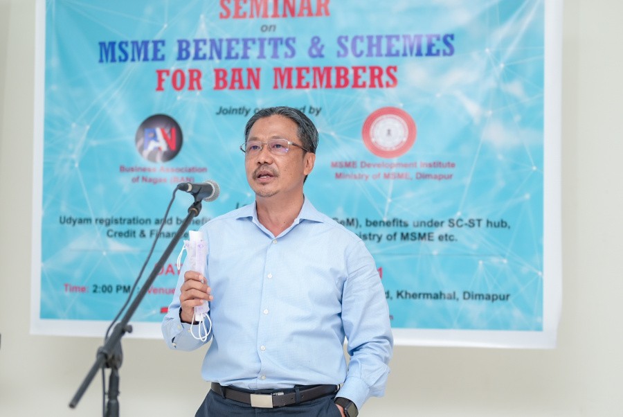 BAN, President L Mongkum Jamir addressing the seminar on ‘MSME benefits and schemes for BAN members’ held in Dimapur on August 24. (Photo Courtesy: BAN)